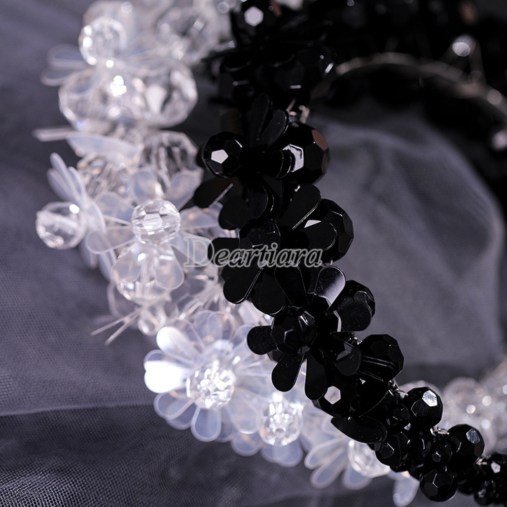 Headband Bentuk Bunga Aksen Mutiara Kristal Transparan Untuk Wanita