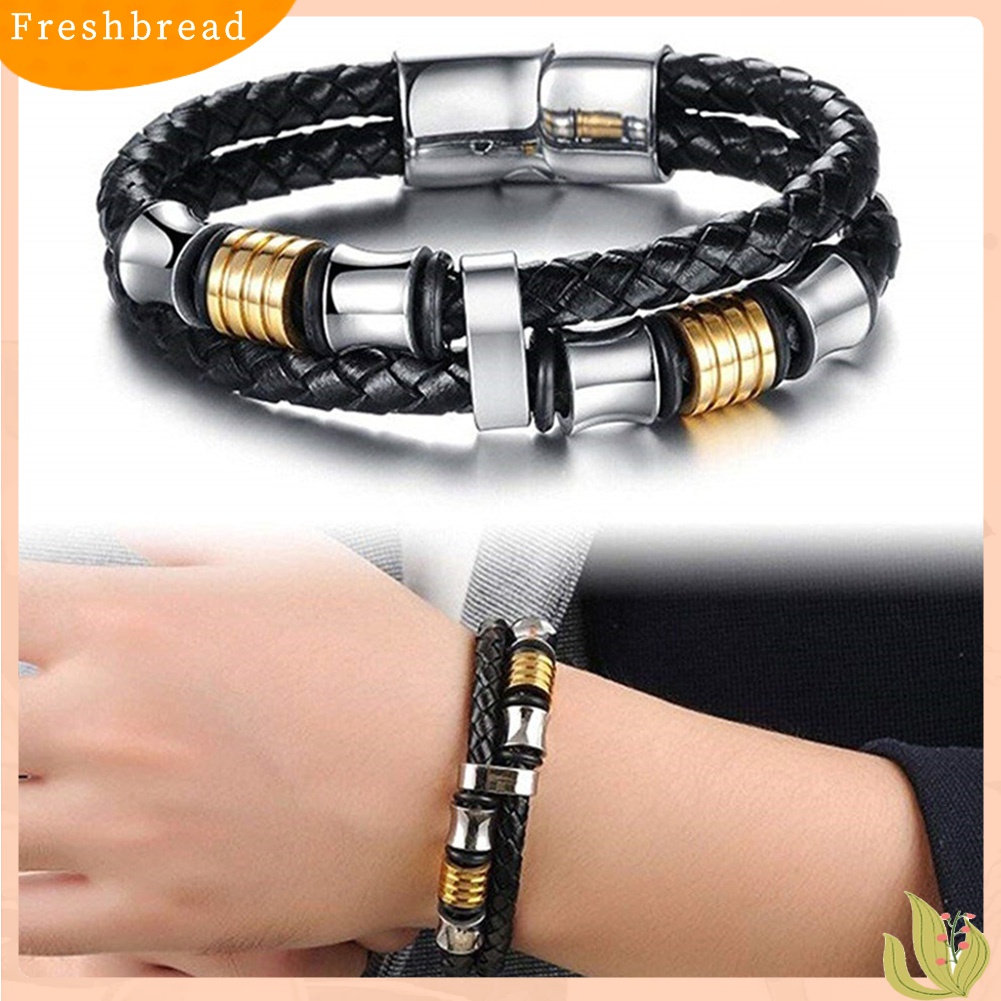 Terlaris Fashion Men Double Layer Faux Leather Braided Magnet Clasp Bead Bracelet Bangle