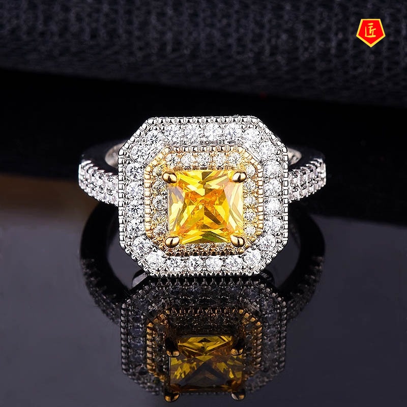 [Ready Stock]Luxury Micro-Inlaid Square Yellow Diamond Ring
