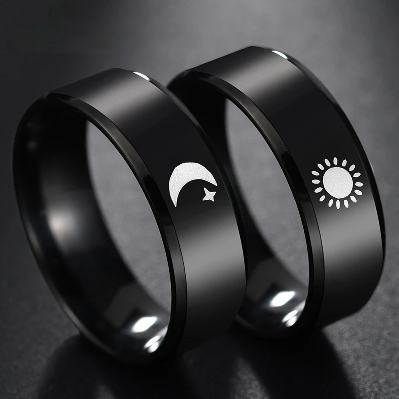 [Fashion Simple Moon Sun Couple Black Stainless Steel Rings for Lover] [ Trendy Lovers Wide Sun Moon Love Rings][ Lovely Gifts For Girl Friends BoyFriends Valentine's Day Gifts]