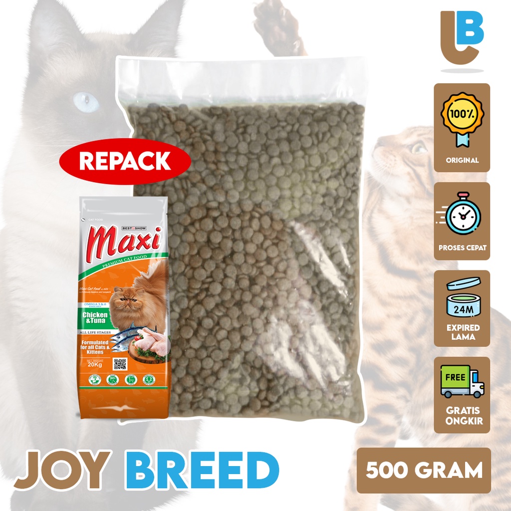 MAKANAN KUCING KERING MAXI CHICKEN &amp; TUNA KEMASAN 500 GRAM REPACK SEMUA UMUR | JOY BREED OFFICIAL