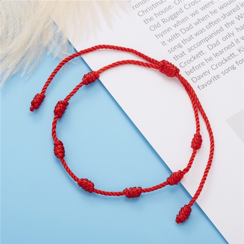 2pcs / Set Gelang Tali Kepang Handmade 7 Simpul Warna Merah Untuk Pria Dan Wanita