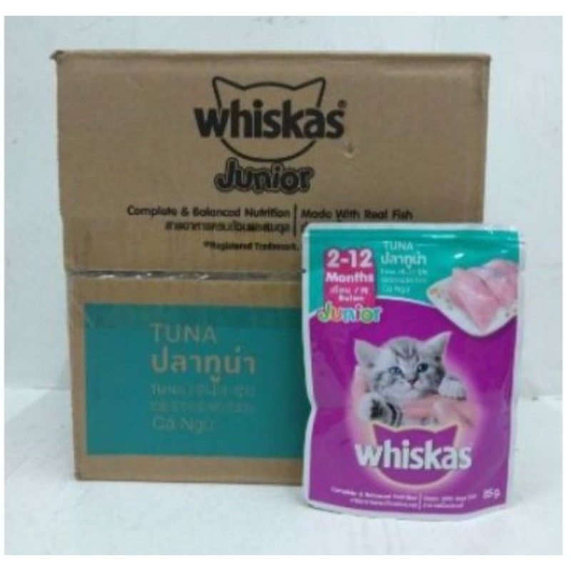 

WHISKAS JUNIOR POUCH 85 GR RASA TUNA DAN MACKEREL 1 DUS ISI 24 PCS