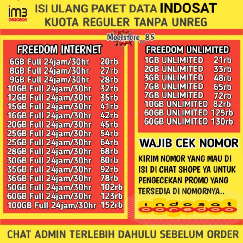 Paket Data Indosat /im3 50GB Freedom U JUMBO 60GB Wajib Cek Nomor