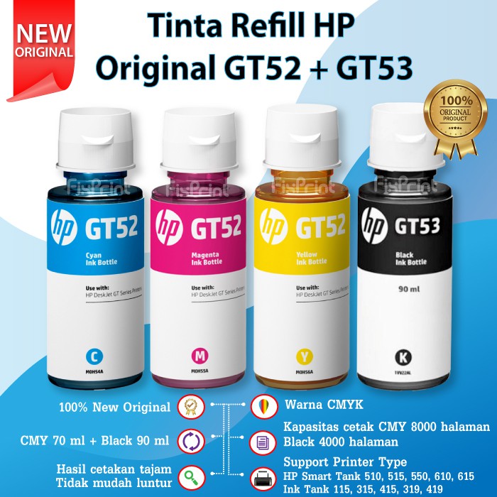 PAKET CMYK 1 SET Tinta Original HP GT51 GT52 Refill Printer Ink Tank 115 315 415 319 GT5810 GT5820