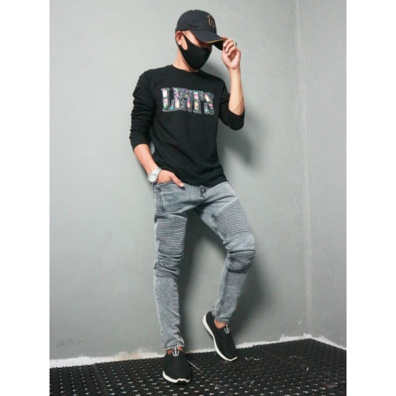 BAJU KAOS PRIA COWOK MOTIF TERBARU LENGAN PANJANG LEVIS BLACK WHITE