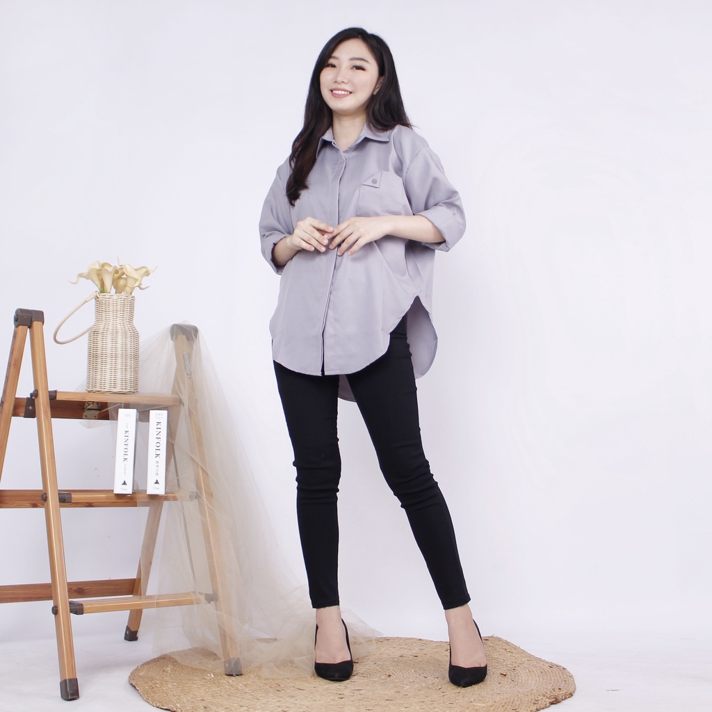 KEMEJA TUNIK POLOS TANGAN PANJANG ADA KANTONG BAHAN SHAKILA FASHION PREMIUM