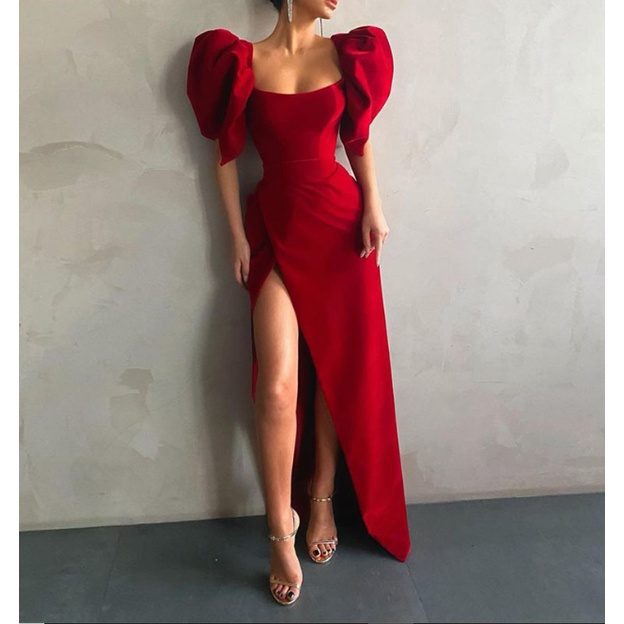 2021 Wine Red Long Evening Dress Puff Sleeves Square Neck High Side Slit Floor Length Dubai Party Pr