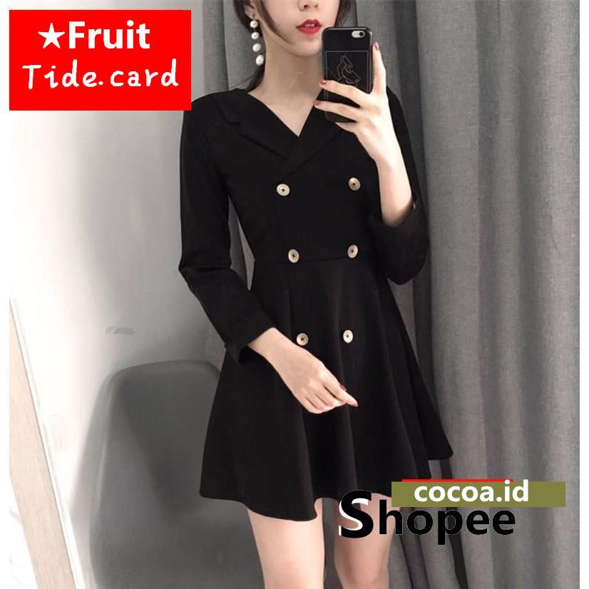 Dress Model V-Neck Lengan Panjang Kancing Dua Baris Warna Polos Gaya Retro Korea untuk Wanita