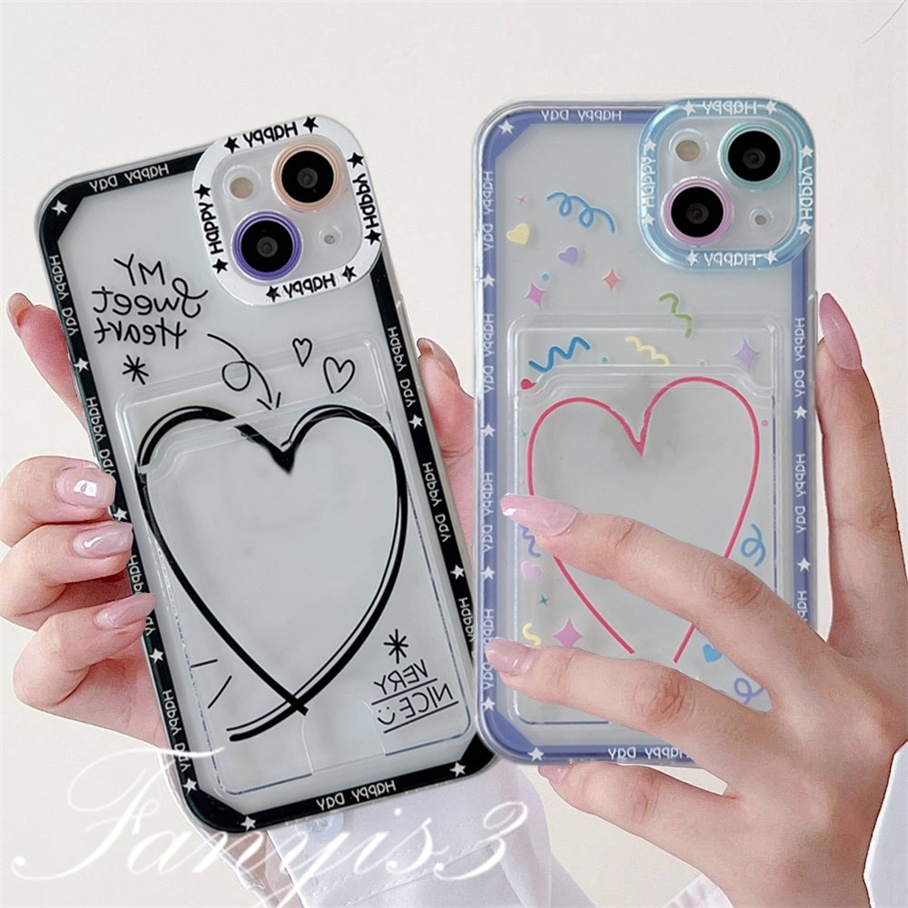 Vivo Y02 Y35 Y22 Y22s Y16 Y02s Y15A Y15S V27 V27e V27 Pro V25 V25e V23Pro V23e Y21 Y21s Y33s V21e Y20 Y20i Y12s Y17 Y12 Y11 Y15 Y1s Y91C Y30i Y51 Y31 Simple Line Love Card Holder Phone Case Clear TPU Soft Cover