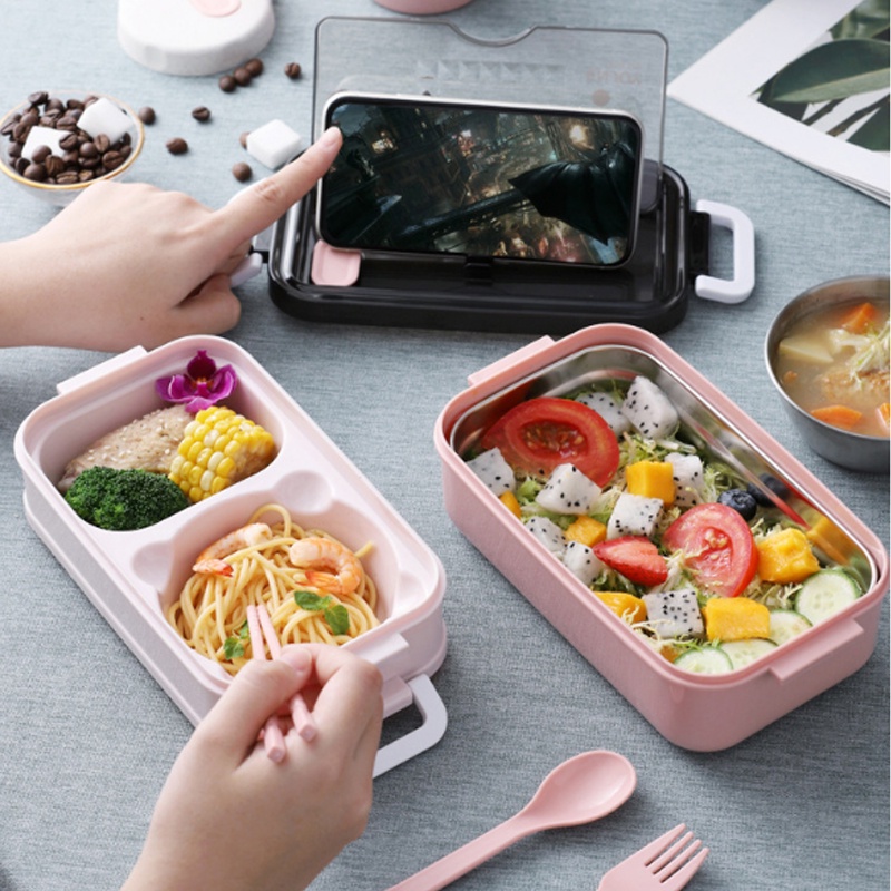 BPA Free!Lunch box stainless 2susun dilengkapi mangkok kuah stainless dan set alat makan/JT008 Kotak bekal stainless 2 susun