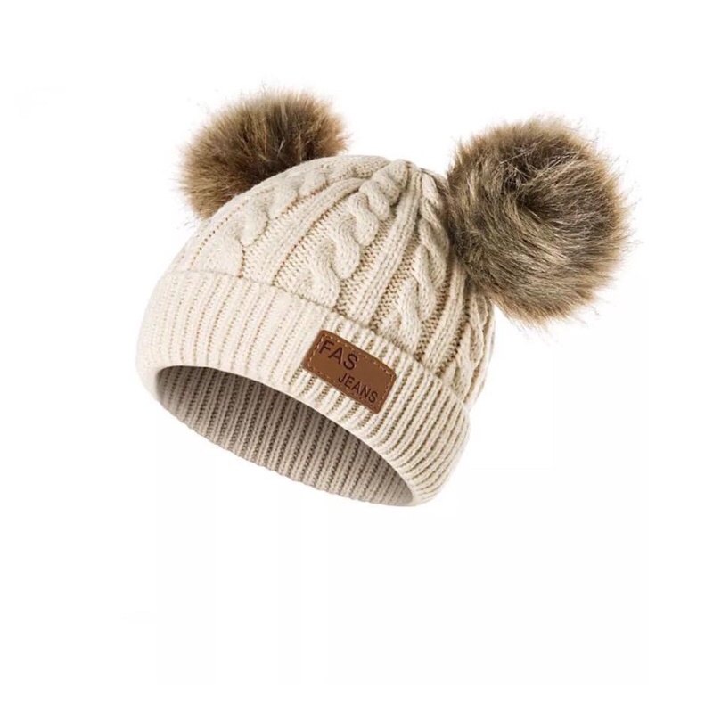 topi rajut pom pom - kupluk bayi premium- accecoris anak bayi-BEIGE