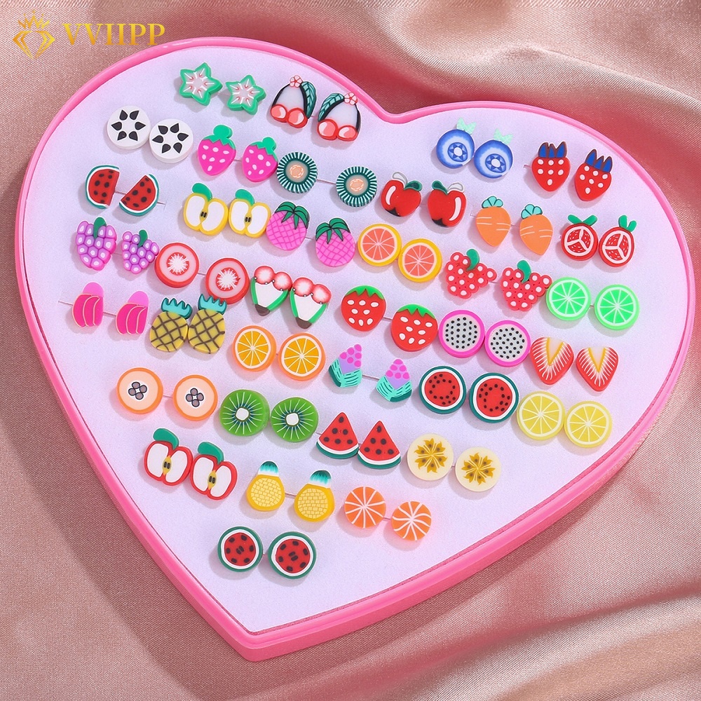 36 Pair Korean Girls Fruits Earring Set Clay Stud Earring Kids Cartoon Hypoallergenic Earrings Jewelry Accessories Gift