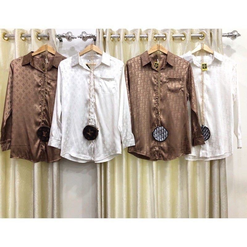 kemeja satin motif LV free tas