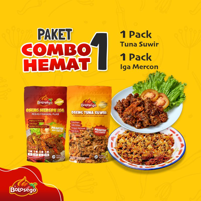 BERGARANSI! COMBO HEMAT 1 (1 PACK OSENG MERCON IGA + 1 PACK TUNA SUIR PEDAS) - BOLOSEGO