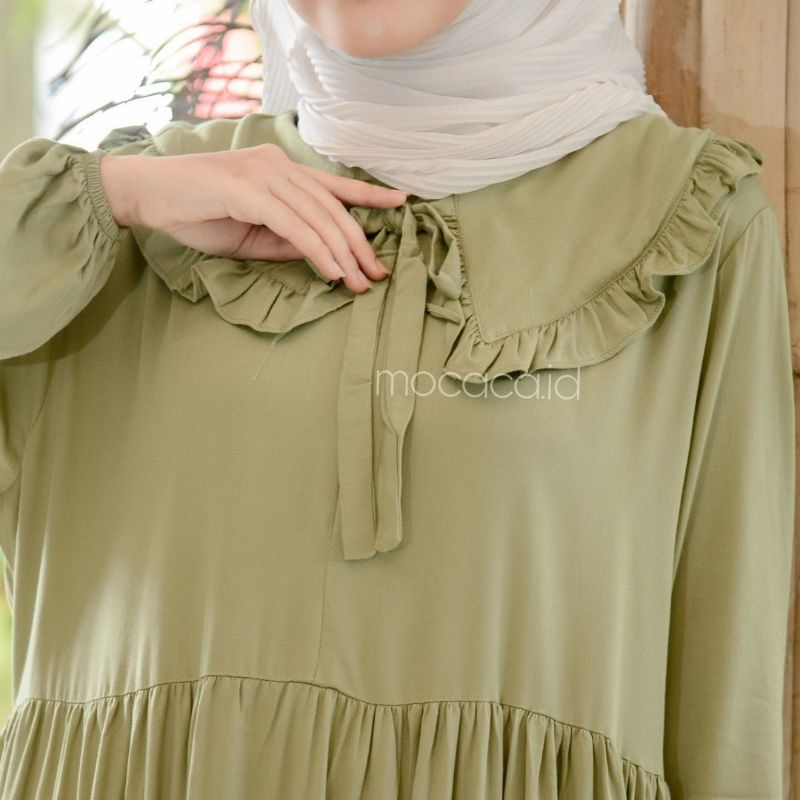 Midi Dress Kerah Renda Tali Katun Rayon Twill Premium Hitam Putih Olive Fuschia hijau kuning biru babyblye soft busui friendly babydoll polos  susun korea putih bersih broken white tulang