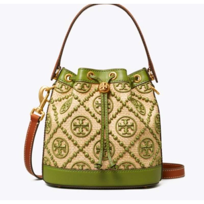 Tory Burch Bucket T Monogram Straw Bag Natural Shiso