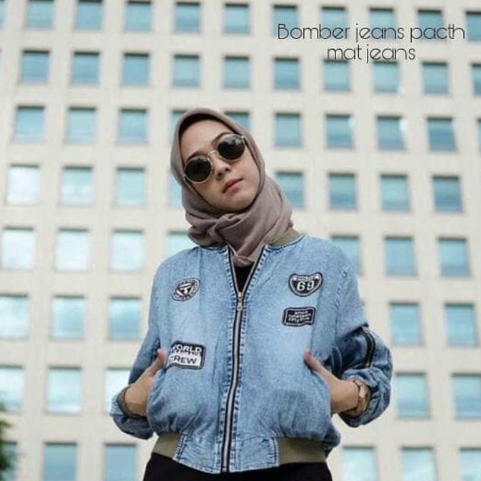 Jaket Bomber Wanita / Jaket Jeans Murah / Outer : Bomber Jeans Patch - Hijab - Mdni