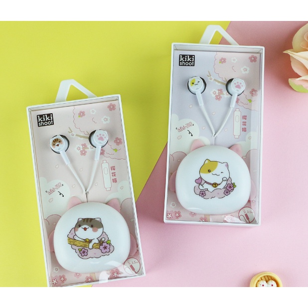 [KIKI-353] Set Headset Earphone SAKURA CAT / Wadah Earphone Kartun KUCING dengan Bunga SAKURA