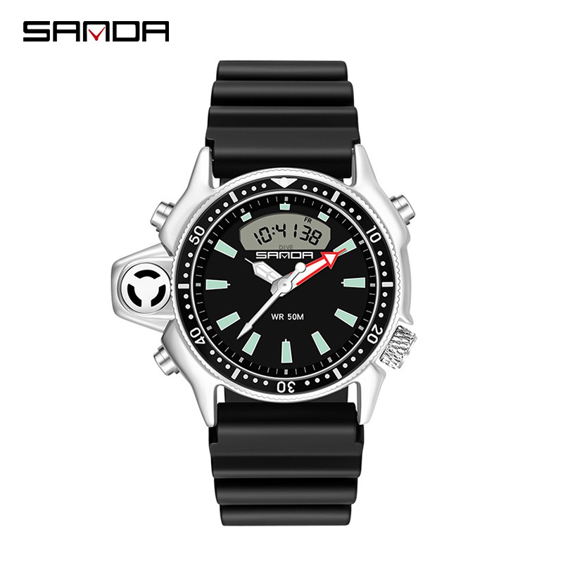 SANDA 3008 Jam Tangan Pria Wanita Digital Analog Dual Time Tali Rubber Anti Air WATCHKITE WKOS