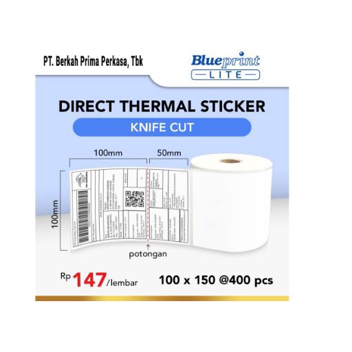 

Direct Thermal Sticker barcode resi Label blueprint Lite 100x150 mm 1 line 400pcs roll knife cut perforasi Gap 3mm
