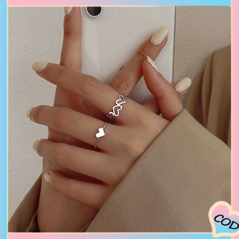 COD❤2 Pcs/set Cincin love Wanita Korea Perak Ring Cincin Model Terbuka Bentuk Hati Hollow Female Fashion Personality Light Luxury Single Open Ring Korean Trendy Cincin Murah