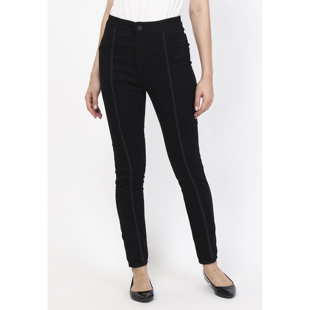 Dazina Plain Front Line Highwaist Jeans Tulang- Celana Hitam HW