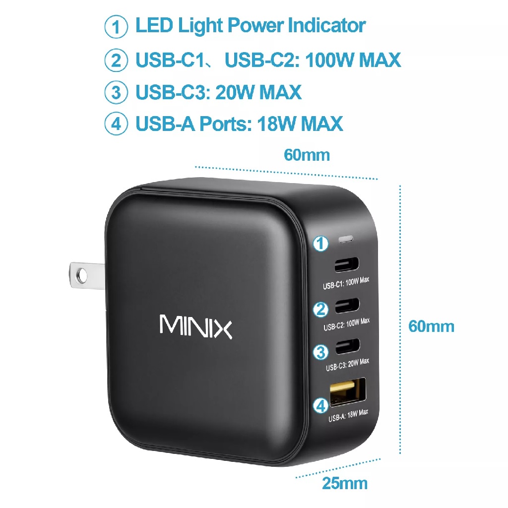 MINIX NEO P3 - Turbo 4-Port GaN Charger 100W MAX - USB-C PD and QC 3.0