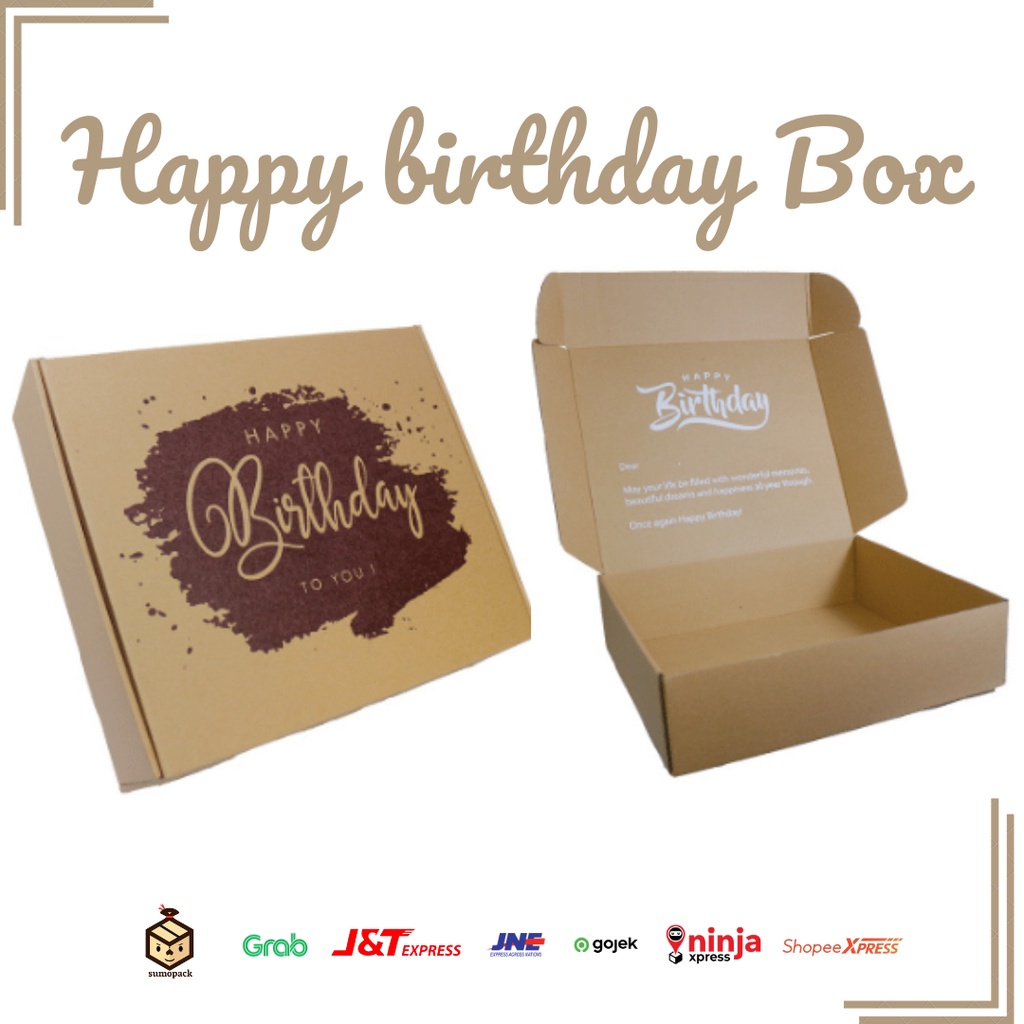 

sumopack - happy birthday box/box ulang tahun/kotak kado/box kado/box printed luar dalam/corrugated box/kardus packing/box packing/dus kemasan/box packaging/happy birthday box ukuran 30x25x6