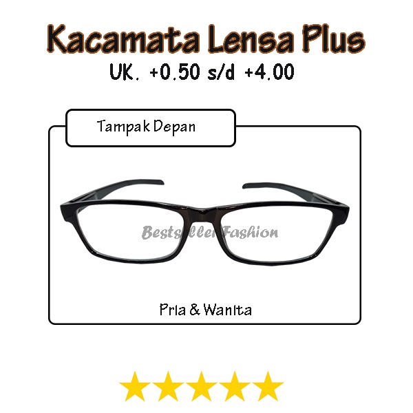 Kacamata Baca Rabun Dekat +0.50 sampai +4.00 pria dan wanita bingkai hitam persegi panjang kaca mata lensa plus tangkai penyangga telinga karet Unisex FREECASE