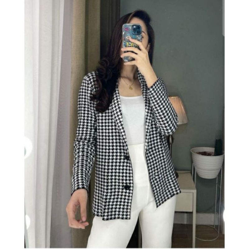 Blazer Fuji Houndstooth Jennie ootd casual korean/outer houndstooth rajut tebal dingin