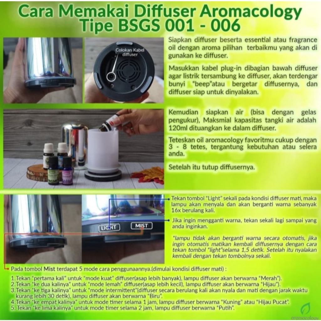 Aromacology Diffuser Ultrasonic Pelembab Udara 300ml BSGS001-BSGS006