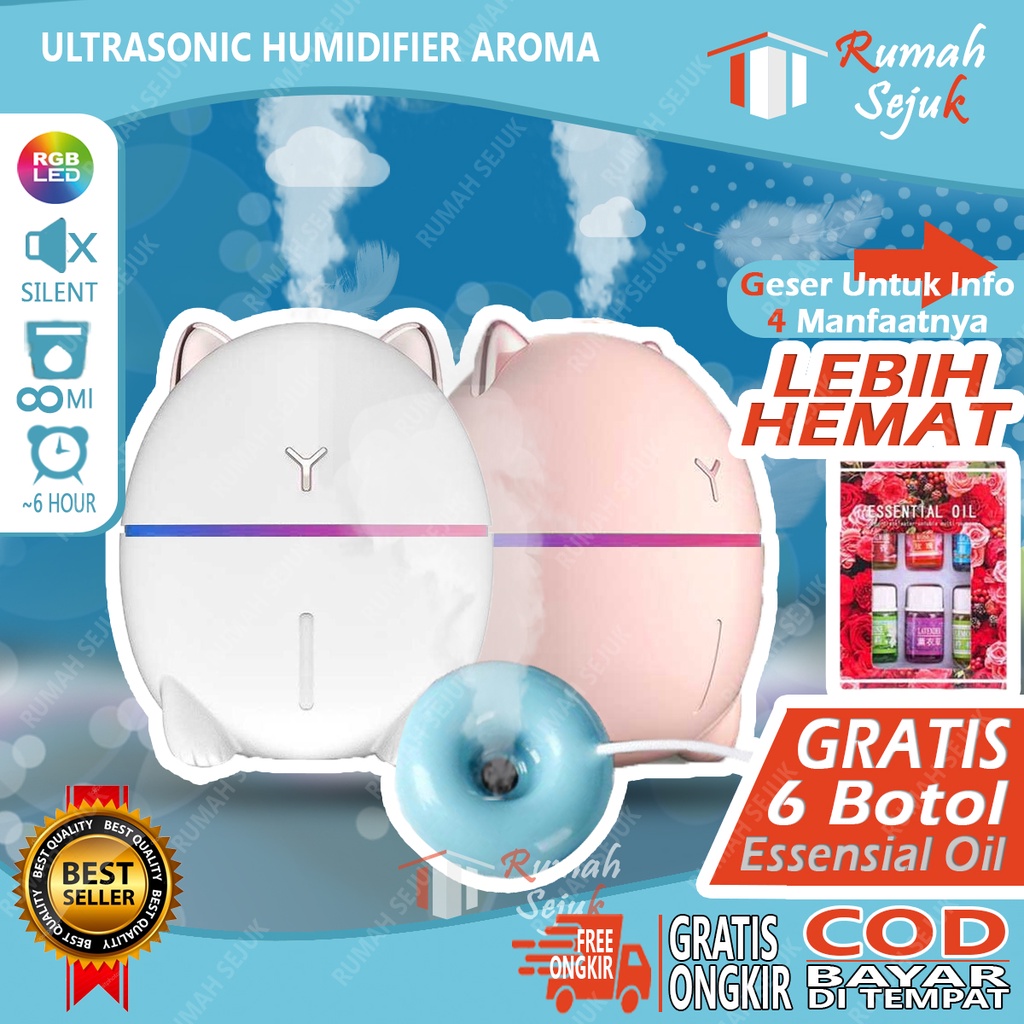 RS - Air Humidifier Diffuser Aromaterapi Alat Pengharum Ruangan Difuser Disfuser Unik Lucu Kucing RS-H32 Humdifier Purifier Difusser Defuser Humidifer Humadifier Humudifier Dispuser Humifider Portable Mobil Car Uap Hiasan Kamar Lampu LED Free Gratis Oil