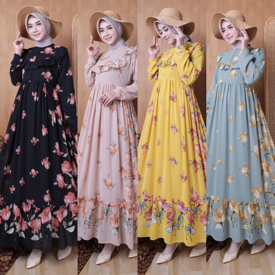 BAJU GAMIS CERUTY MOTIF BUNGA / GAMIS KUNING / GAMIS MOTIF CERUTI