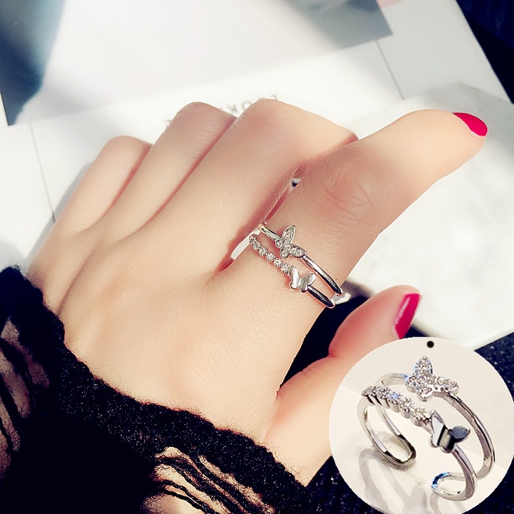 Fashion Simple Gold Silver Double Layer Shiny Butterfly Crystal Ring