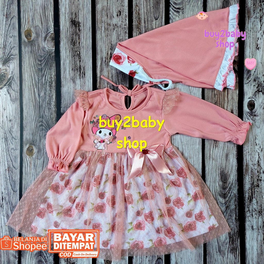 Baju lebaran bayi set gamis panjang dengan jilbab motif flower series Baby Flower