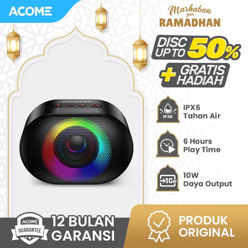 ACOME Speaker Bluetooth 5.0 10W IPX6 Waterproof RGB Light Rhyme Rave Party Garansi Resmi 1 thn A10