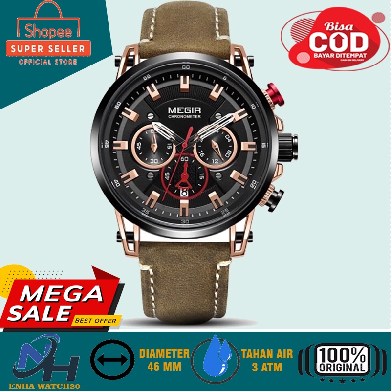 MEGIR 2085 Jam Tangan Pria Analog Chronograph Tali Kulit