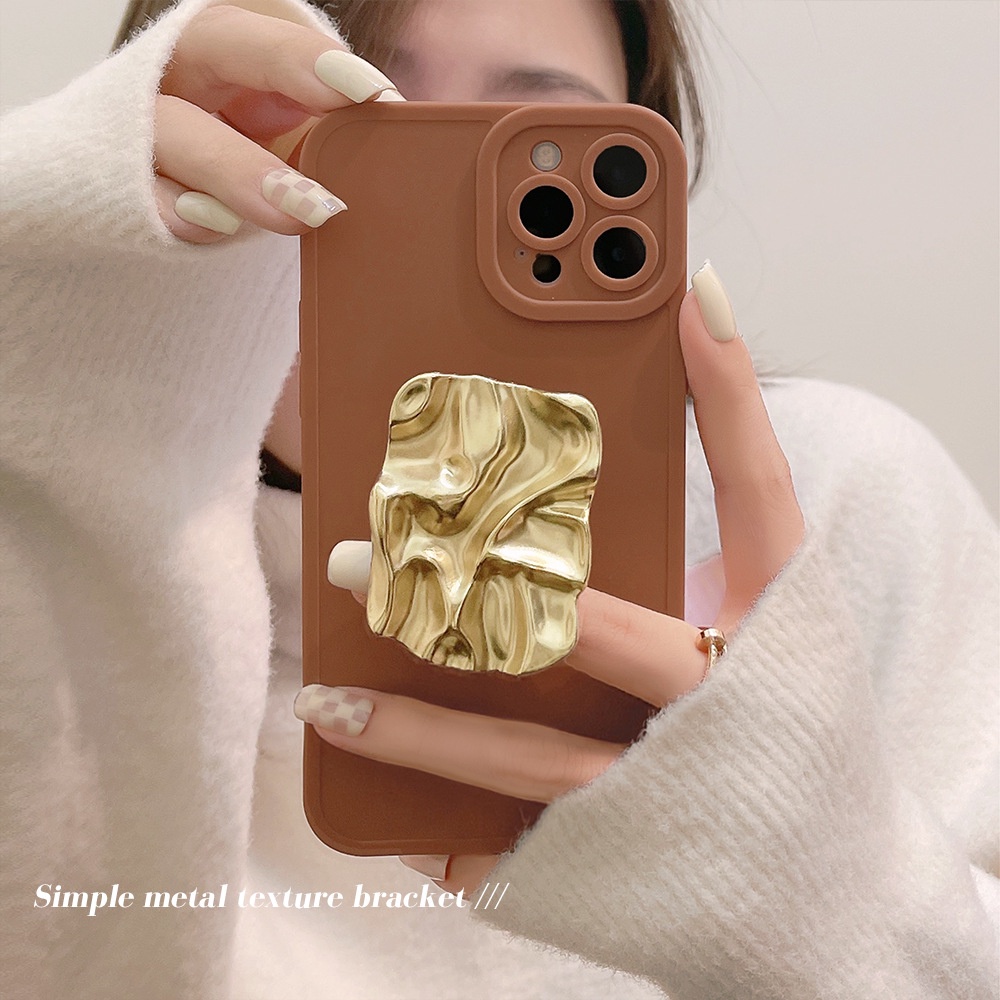IPHONE Casing Ponsel Bahan Silikon Lembut Dengan Rak Bahan Metal Coklat Untuk Iphone7 8 PLUS XR XS 11 12 13 14 Mini PRO MAX SE 2020