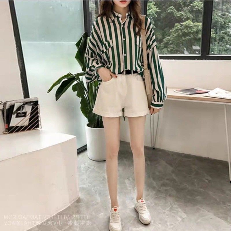Kemeja Wanita Lengan Panjang Cassual Oversize Jumbo Motif Stripe Ada Kantong Import Murah BestSeller-4