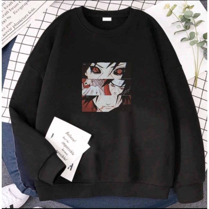 Sweater Pria Distro Anime Naruto Japan Crewneck Hitam Sablon Itachi Suiter Cowok Jumbo Switer Krunek