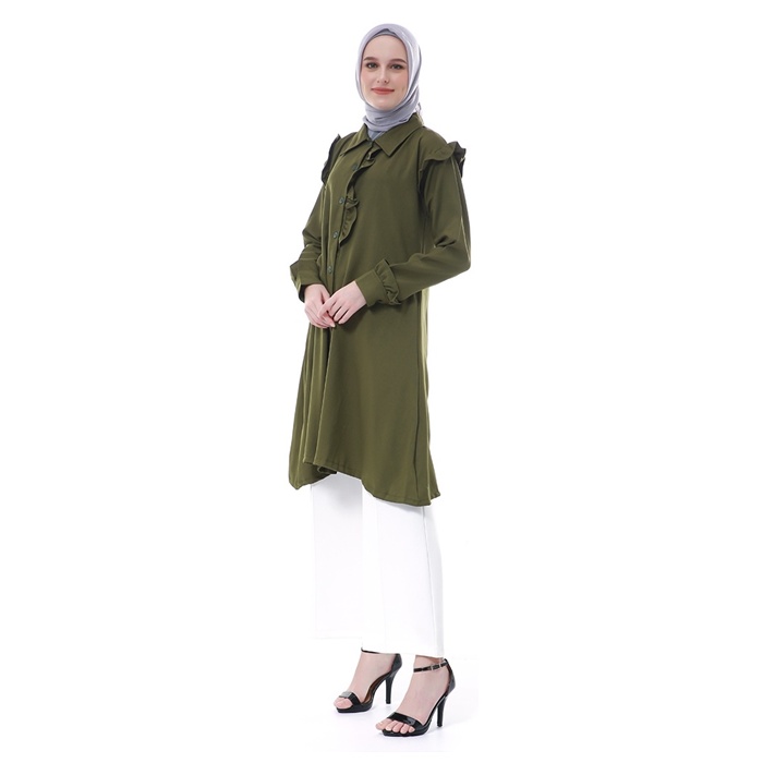 Zemira Tunik Atasan Wanita Motif Polos Long Sleeve - Army