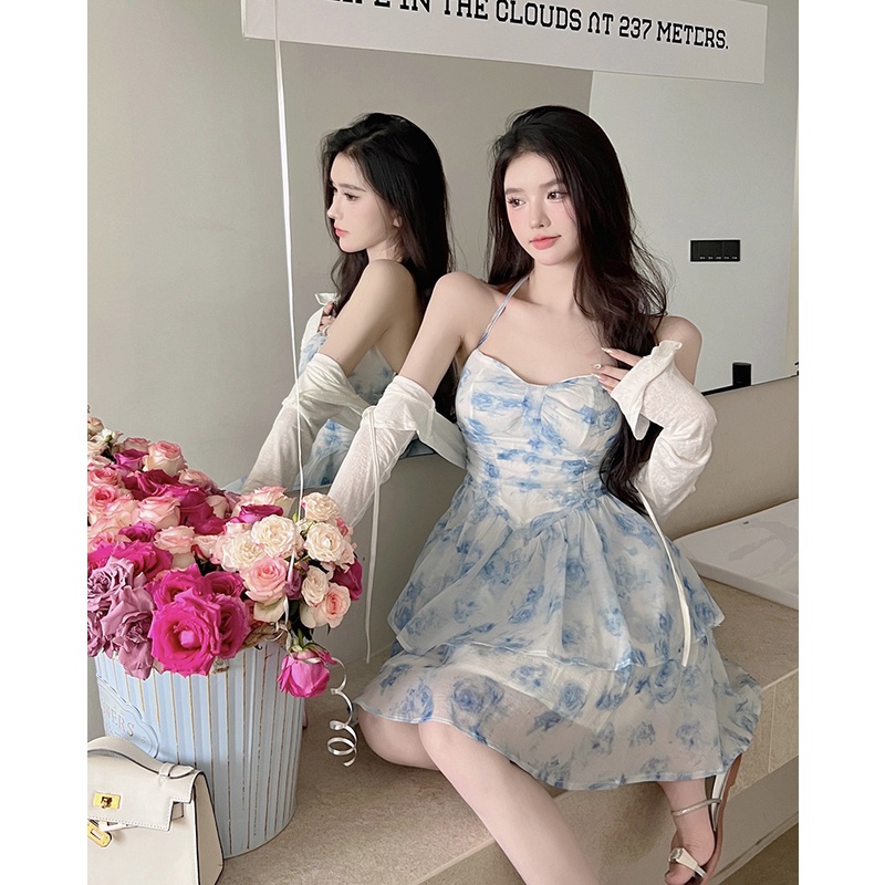 Suhao French Floral Suspender Halter Dress Wanita Musim Panas Manis Gadis Panas Tanpa Punggung Tanpa