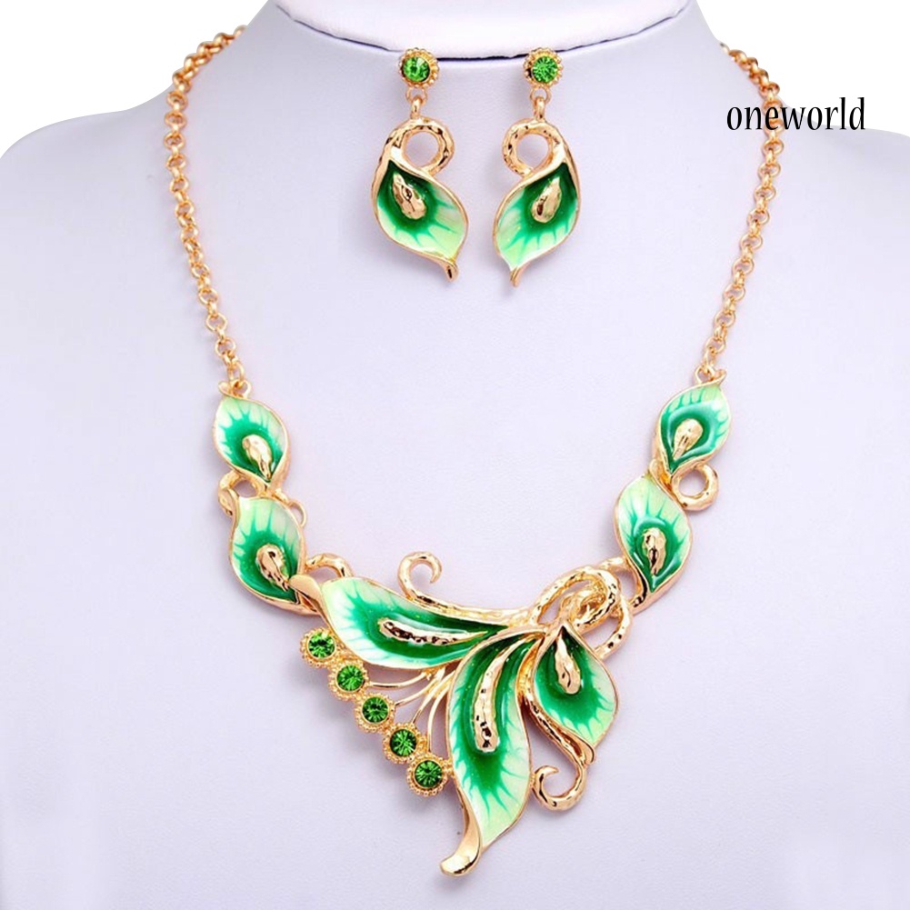 OW@ Women Enamel Flower Charm Rhinestone Stud Earrings Chain Necklace Jewelry Set