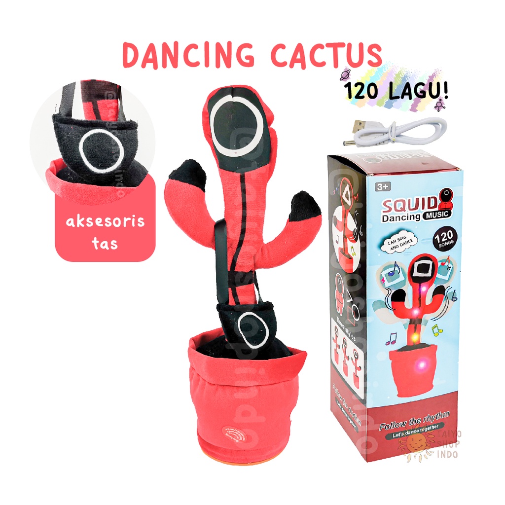 Mainan Anak Dancing Cactus USB BOX Kaktus Joged Musik Bicara Menari-Squid Bulat
