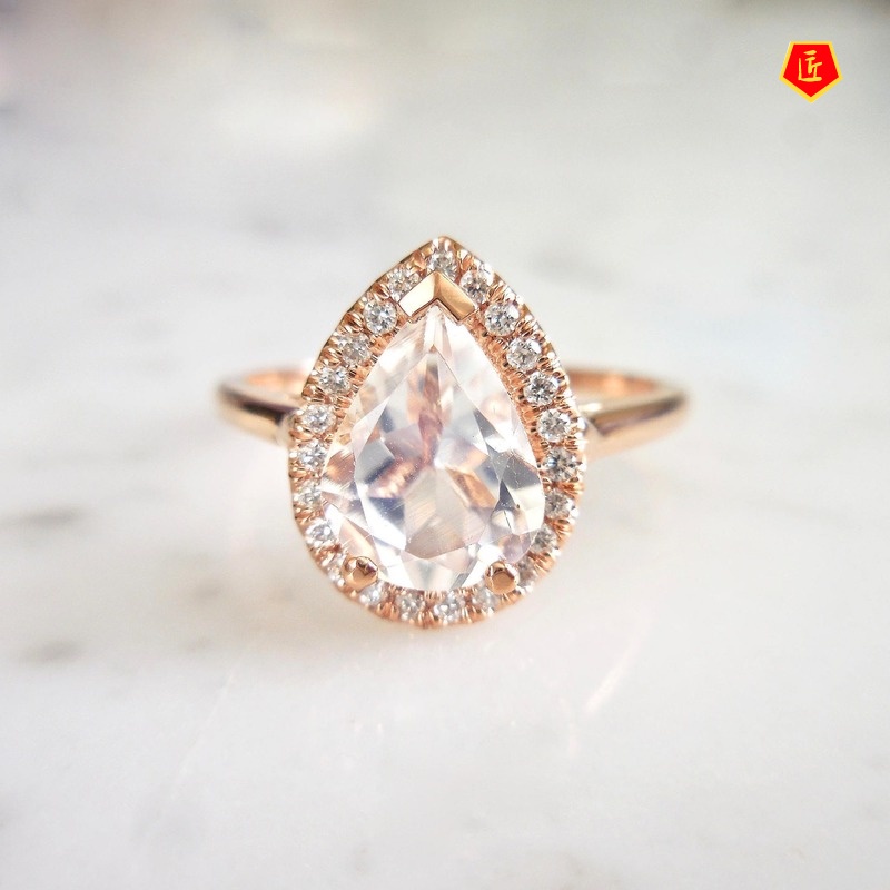 [Ready Stock]Personality 18K Rose Gold Drop-Shaped Diamond-Studded Ring