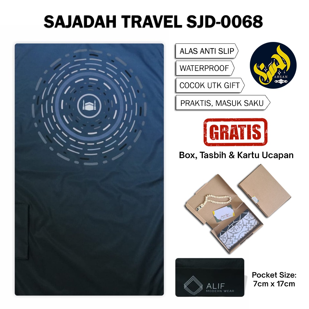 Sajadah Travel Saku Lipat Pouch Anti Slip Waterproof Alif Modern Wear Gambar Kabah Kecil Biru SJD-00