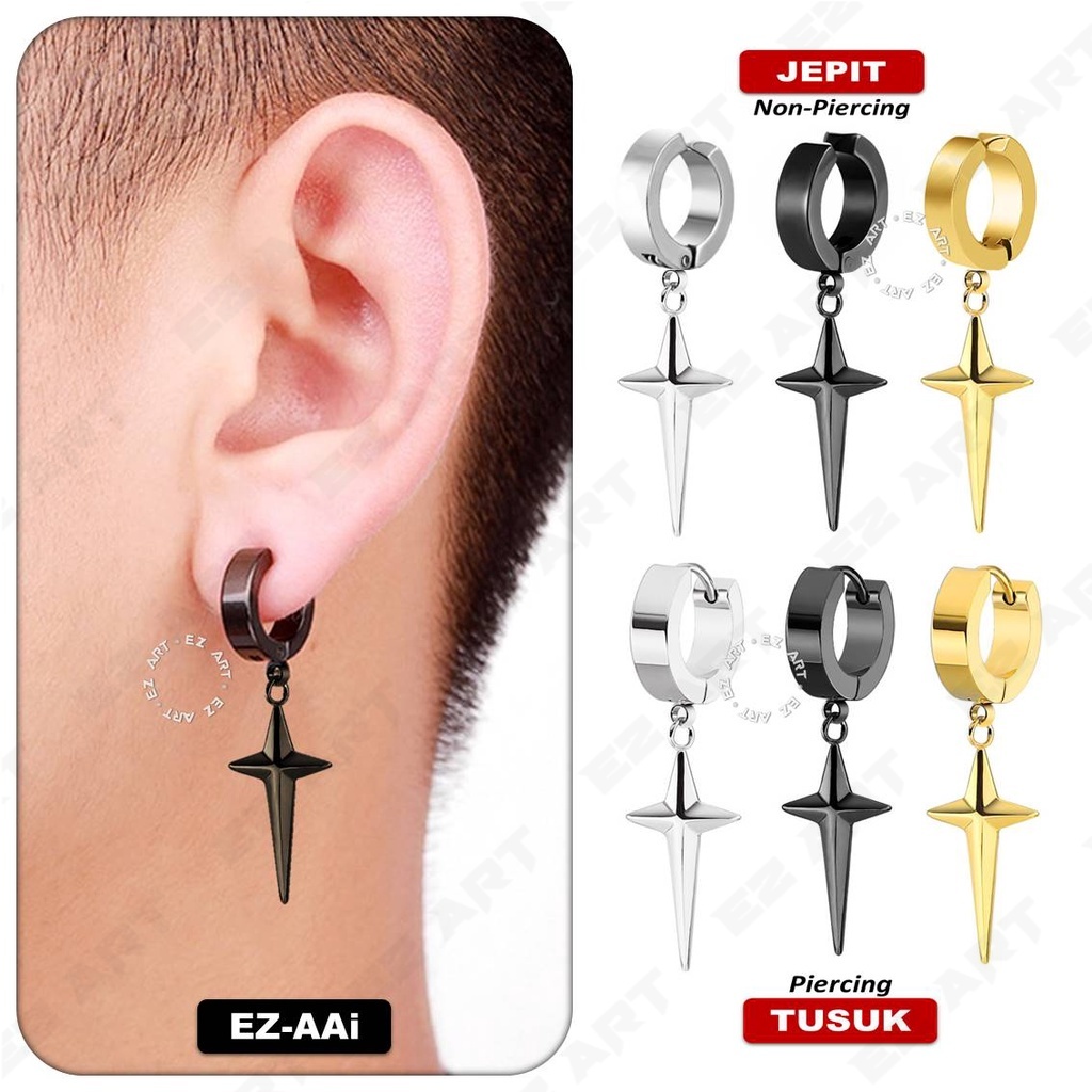 1Pc EZ-AAi ANTING FASHION COWOK 4-POINT STAR CROSS SALIB GAYA KOREA KPOP BTS PRIA WANITA JEPIT TUSUK SILVER HITAM EMAS