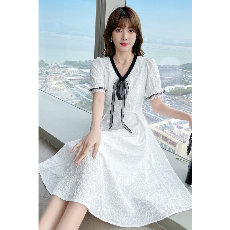 【Rozen】Korean White V-neck Midi Dress R088