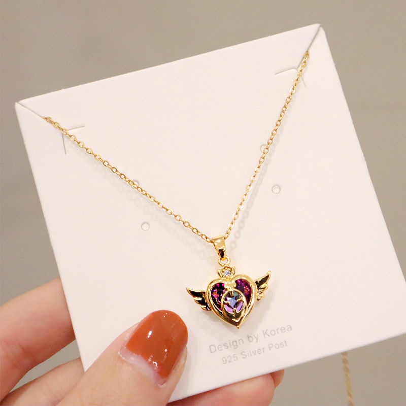 Kalung Gadis Sederhana Rantai Pantai Jantung Liontin Aksesoris Wanita Fashion Kreatif Kristal Pacar Hadiah Perhiasan Sailor Moon